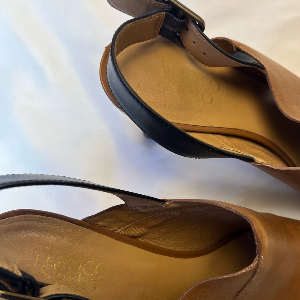 Franco Sarto Heels Women 9.5 M Quatrain Brown Leather Peep Toe Black Slingback - Picture 9 of 9